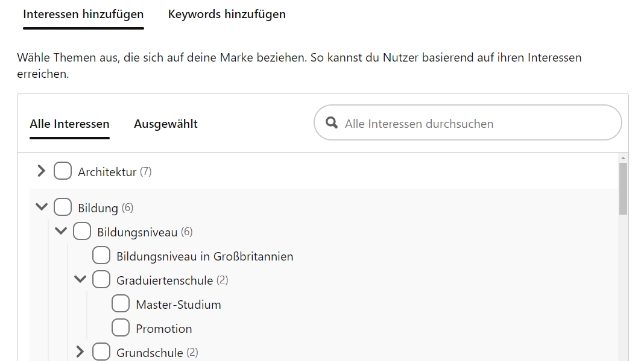 Pinterest Targeting Interessen – 1